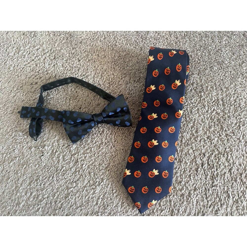 Fall Pumpkins and Skulls Halloween Neck Tie and Bow Tie Lot